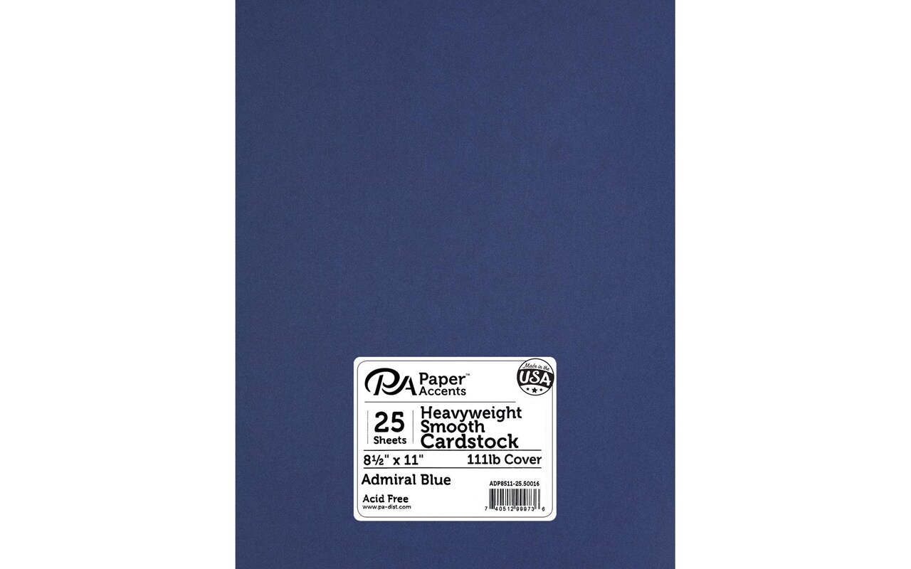 PA Paper Accents Heavyweight Smooth Cardstock 8.5 x 11 Admiral Blue,  111lb colored cardstock paper for card making, scrapbooking, printing,  quilling and crafts, 25 piece pack
